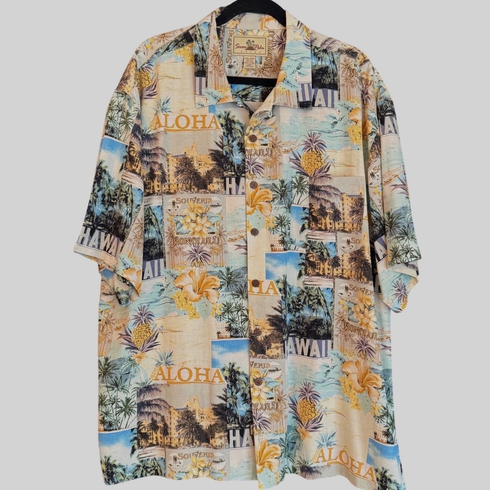 Seven Palm Silk Hawaiian Shirt XXL Aloha Honolulu Tropical Camp - Picture 2 of 14